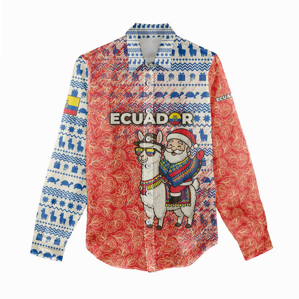 Ecuador Christmas Women Casual Shirt with Santa Riding Llama Traditional Patterns and Rose Design - Wonder Print Shop