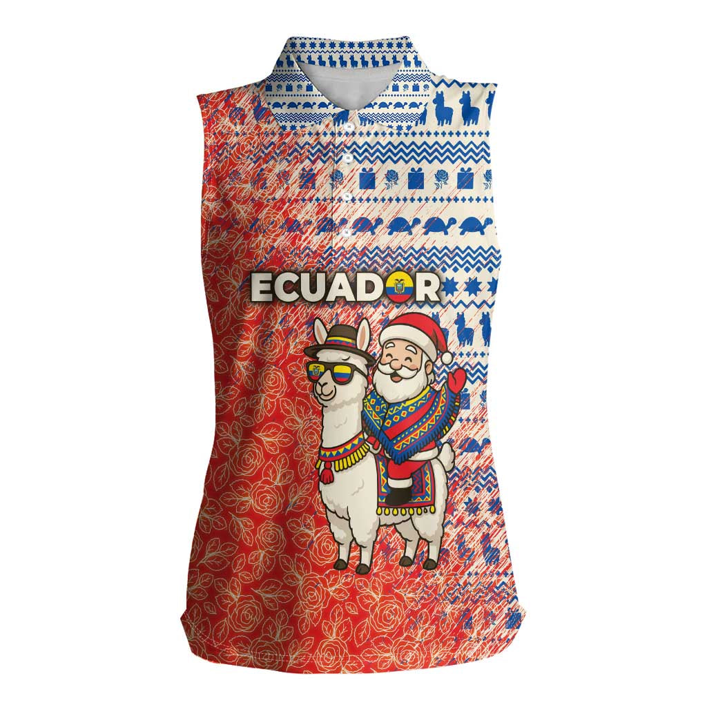 Ecuador Christmas Women Sleeveless Polo Shirt with Santa Riding Llama Traditional Patterns and Rose Design - Wonder Print Shop