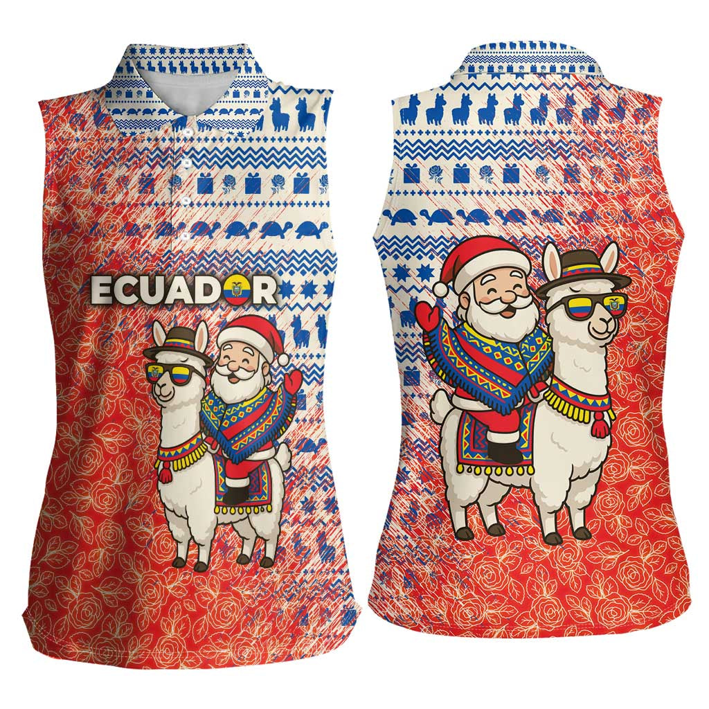 Ecuador Christmas Women Sleeveless Polo Shirt with Santa Riding Llama Traditional Patterns and Rose Design - Wonder Print Shop