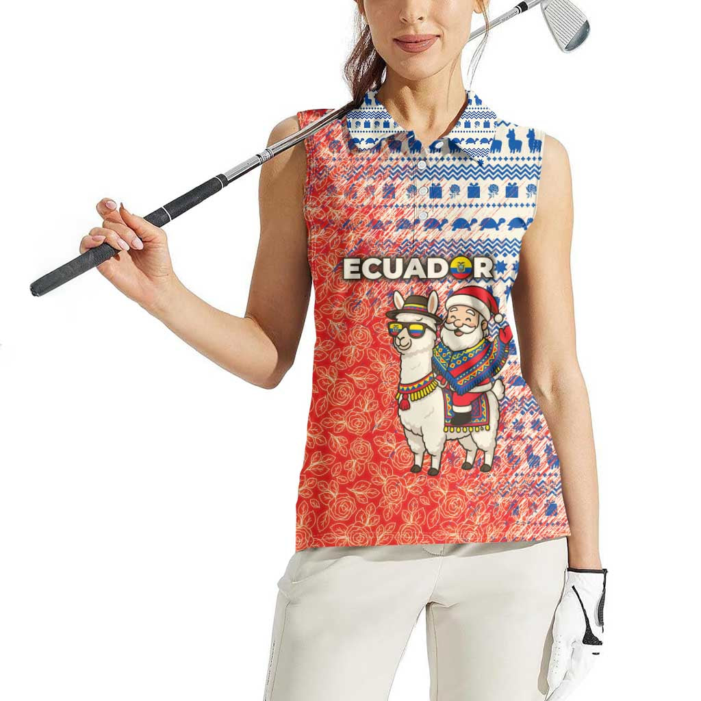 Ecuador Christmas Women Sleeveless Polo Shirt with Santa Riding Llama Traditional Patterns and Rose Design - Wonder Print Shop