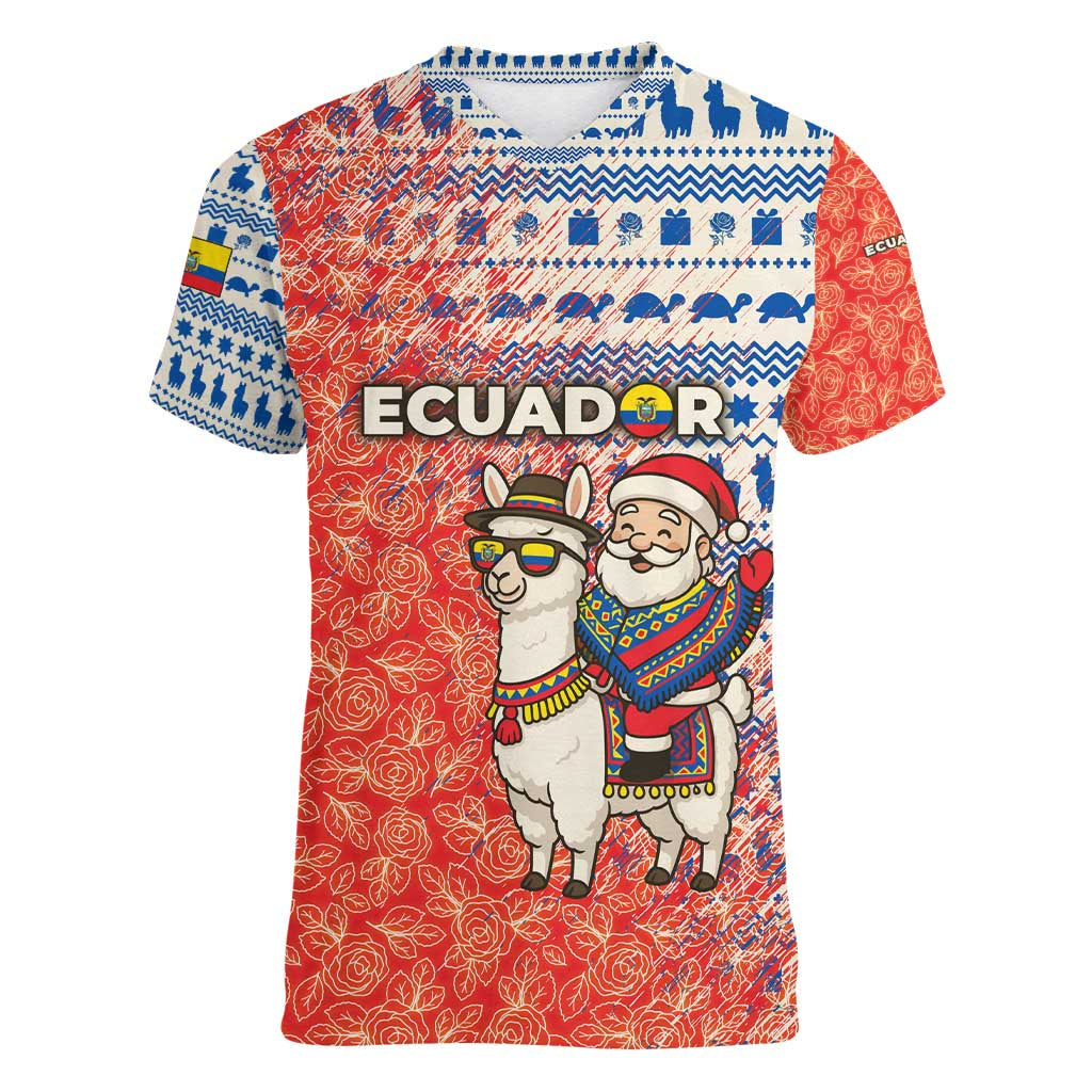 Ecuador Christmas Women V-Neck T-Shirt with Santa Riding Llama Traditional Patterns and Rose Design - Wonder Print Shop