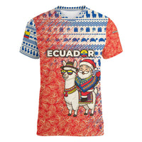 Ecuador Christmas Women V-Neck T-Shirt with Santa Riding Llama Traditional Patterns and Rose Design - Wonder Print Shop