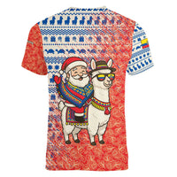 Ecuador Christmas Women V-Neck T-Shirt with Santa Riding Llama Traditional Patterns and Rose Design - Wonder Print Shop