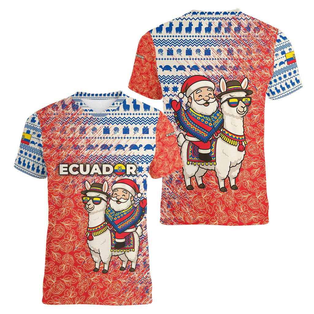 Ecuador Christmas Women V-Neck T-Shirt with Santa Riding Llama Traditional Patterns and Rose Design - Wonder Print Shop