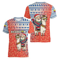 Ecuador Christmas Women V-Neck T-Shirt with Santa Riding Llama Traditional Patterns and Rose Design - Wonder Print Shop