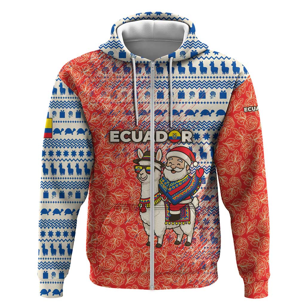 Ecuador Christmas Zip Hoodie with Santa Riding Llama Traditional Patterns and Rose Design - Wonder Print Shop