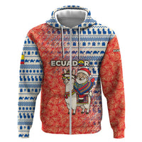 Ecuador Christmas Zip Hoodie with Santa Riding Llama Traditional Patterns and Rose Design - Wonder Print Shop