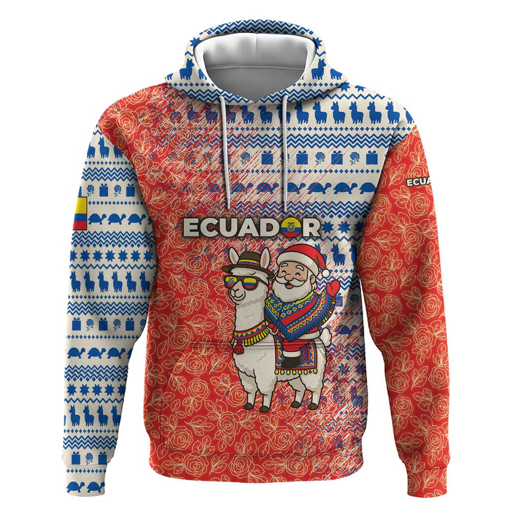 Ecuador Christmas Zip Hoodie with Santa Riding Llama Traditional Patterns and Rose Design - Wonder Print Shop