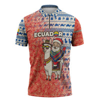 Ecuador Christmas Zipper Polo Shirt with Santa Riding Llama Traditional Patterns and Rose Design - Wonder Print Shop