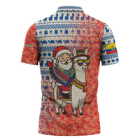 Ecuador Christmas Zipper Polo Shirt with Santa Riding Llama Traditional Patterns and Rose Design - Wonder Print Shop