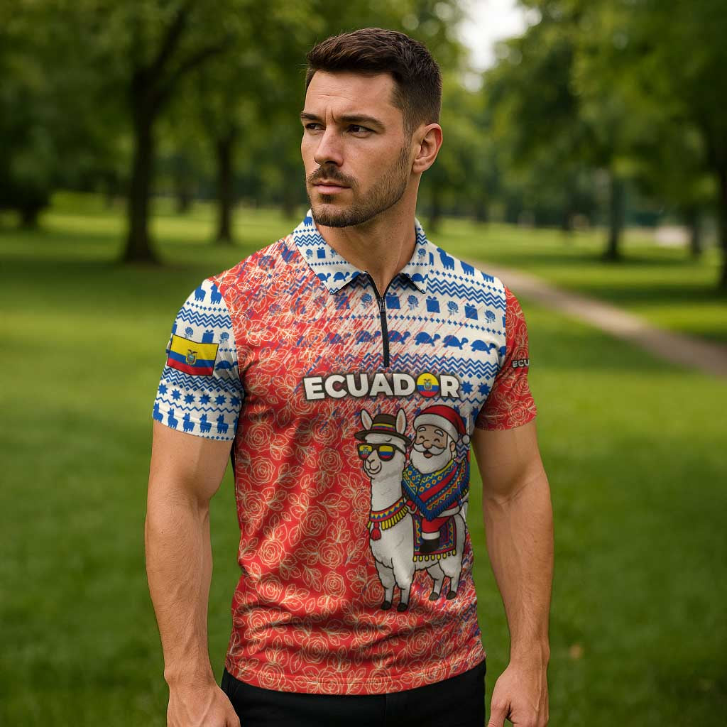 Ecuador Christmas Zipper Polo Shirt with Santa Riding Llama Traditional Patterns and Rose Design - Wonder Print Shop