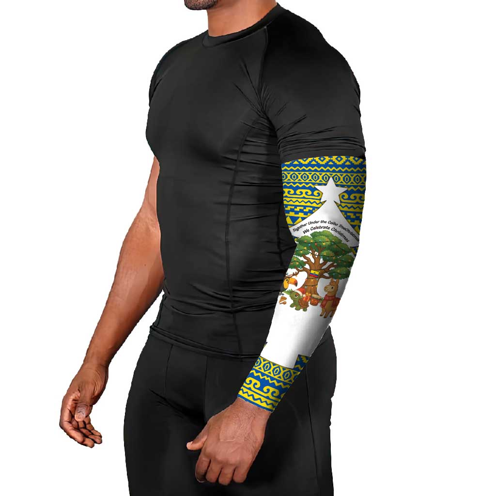 Ecuador Christmas Arm Sleeves with Ceibo Tree Llama Toucan and Traditional Yellow Blue Pattern Design - Wonder Print Shop