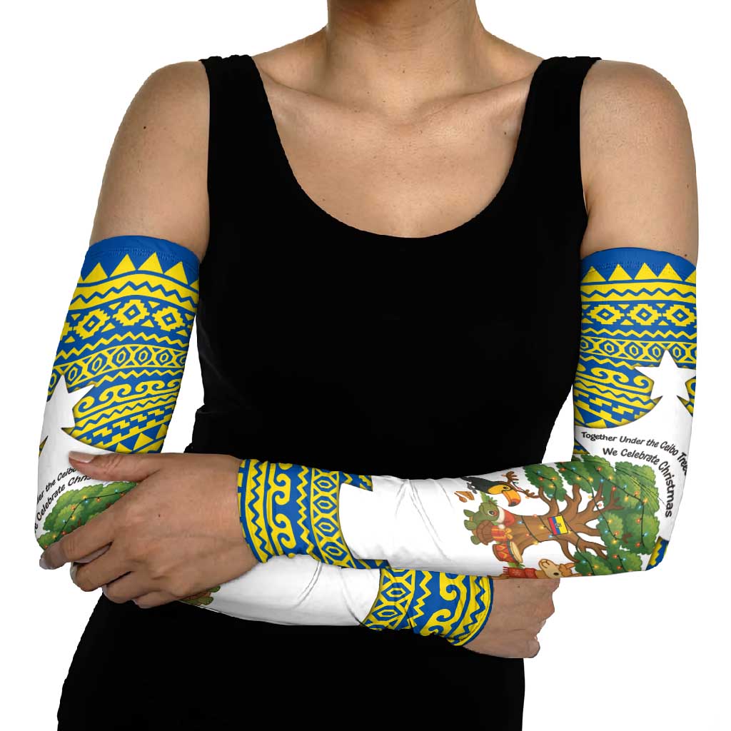 Ecuador Christmas Arm Sleeves with Ceibo Tree Llama Toucan and Traditional Yellow Blue Pattern Design - Wonder Print Shop