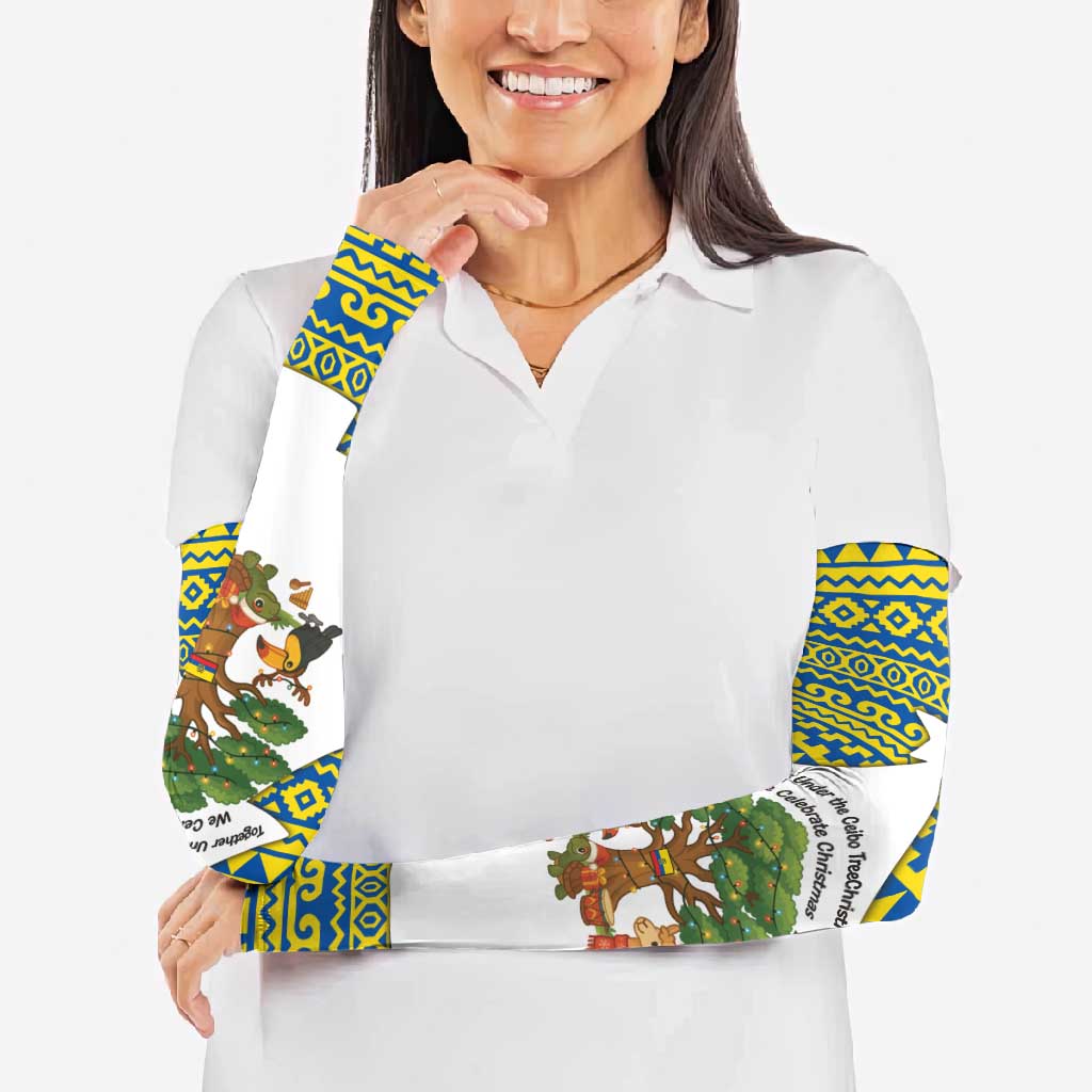 Ecuador Christmas Arm Sleeves with Ceibo Tree Llama Toucan and Traditional Yellow Blue Pattern Design - Wonder Print Shop