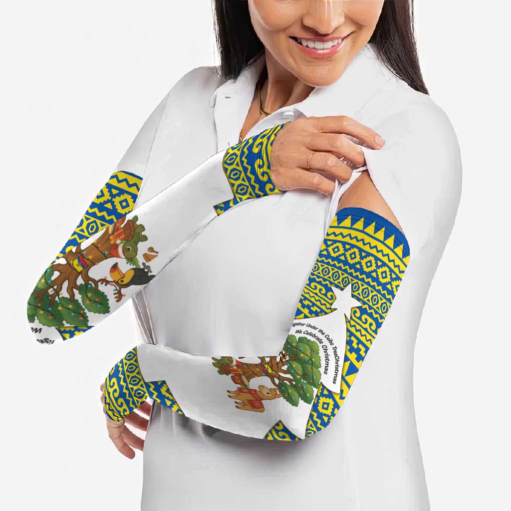 Ecuador Christmas Arm Sleeves with Ceibo Tree Llama Toucan and Traditional Yellow Blue Pattern Design - Wonder Print Shop