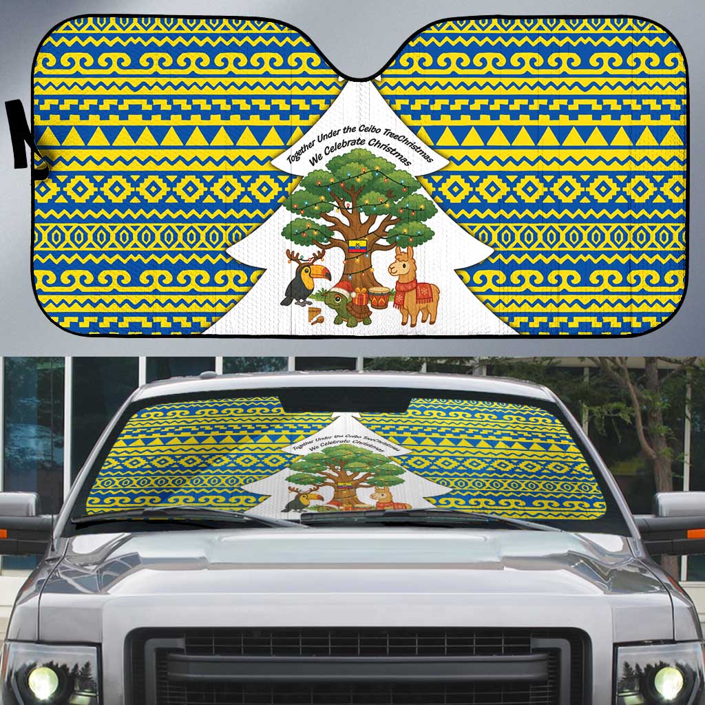 Ecuador Christmas Auto Sun Shade with Ceibo Tree Llama Toucan and Traditional Yellow Blue Pattern Design - Wonder Print Shop