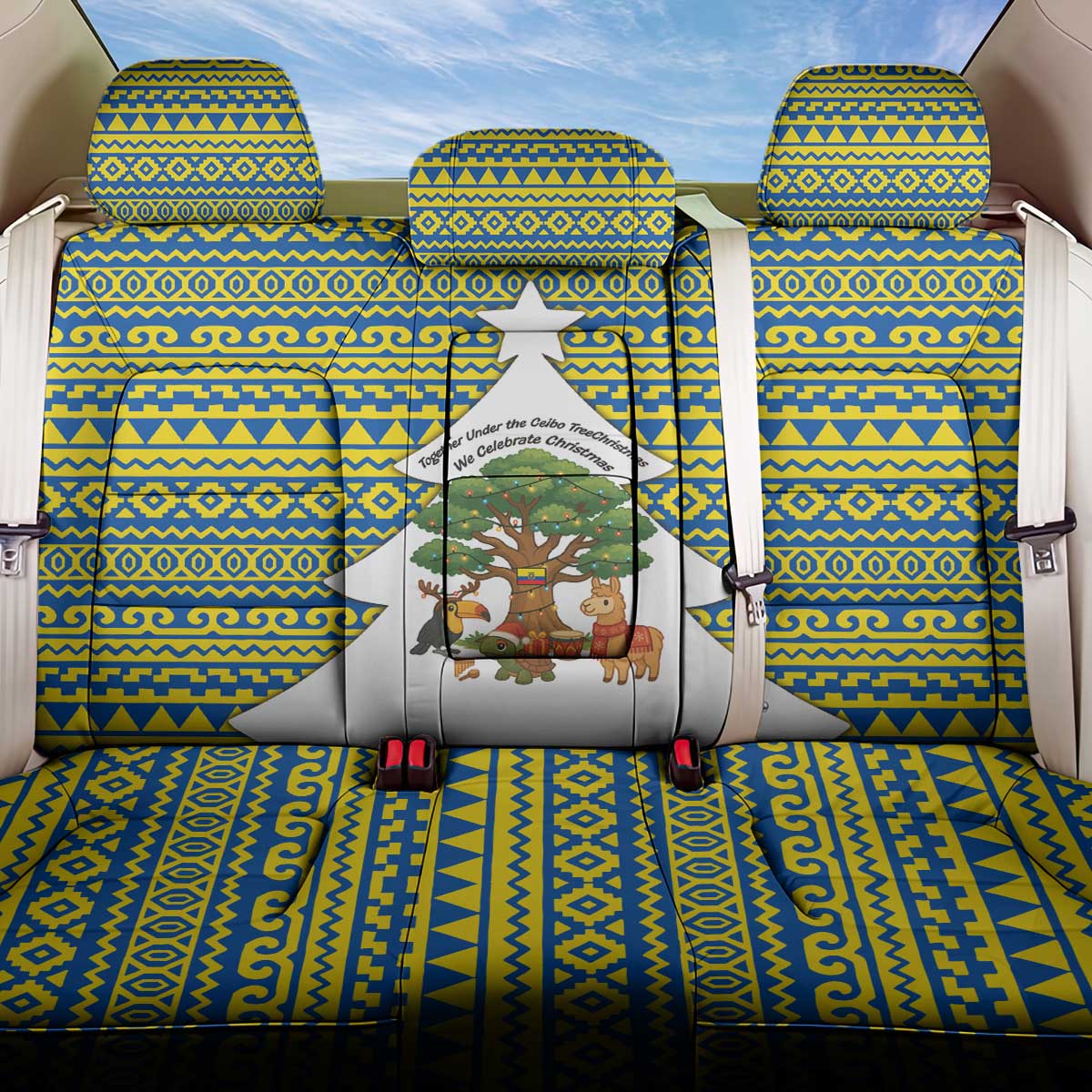 Ecuador Christmas Back Car Seat Cover with Ceibo Tree Llama Toucan and Traditional Yellow Blue Pattern Design - Wonder Print Shop