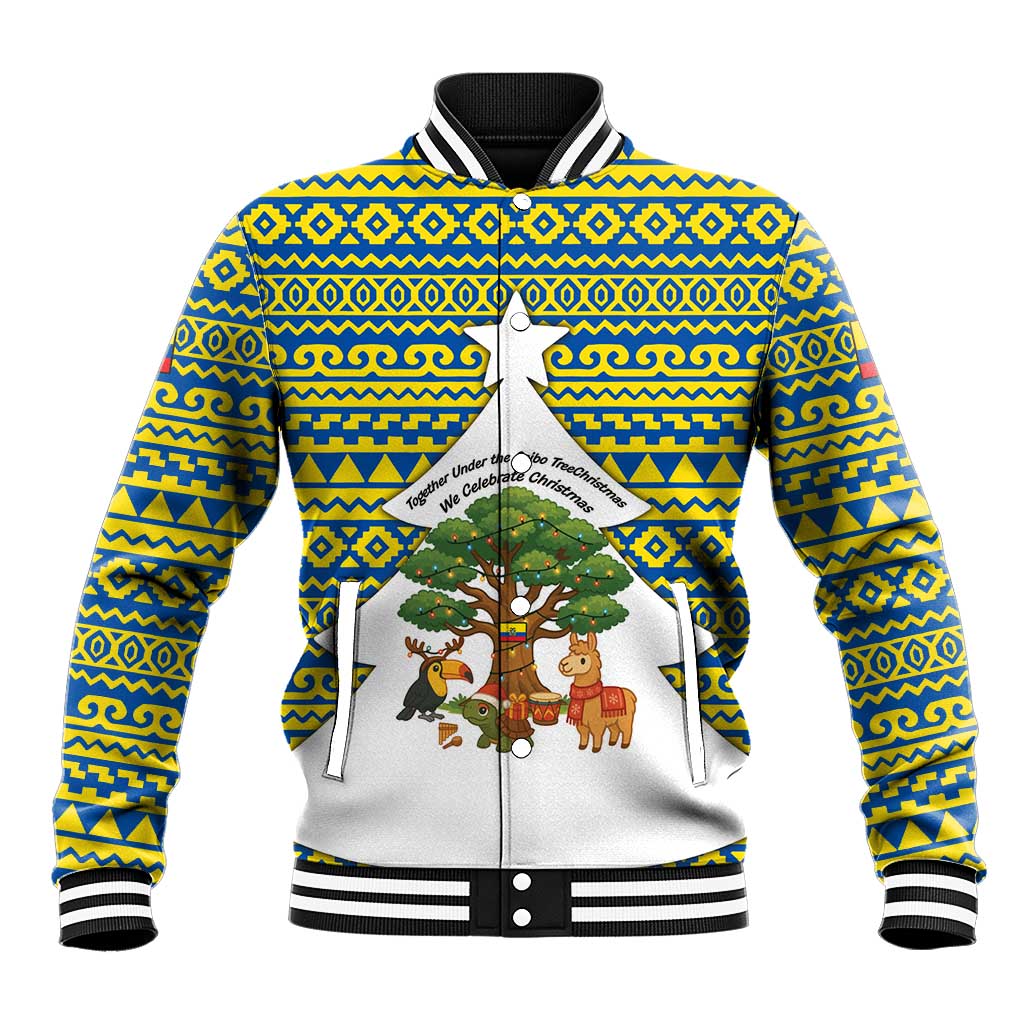 Ecuador Christmas Baseball Jacket with Ceibo Tree Llama Toucan and Traditional Yellow Blue Pattern Design - Wonder Print Shop