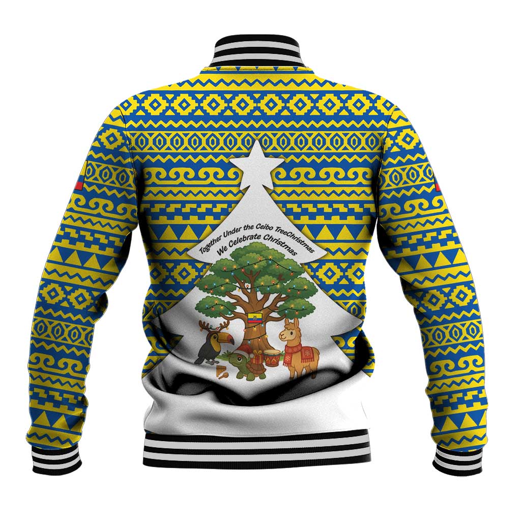 Ecuador Christmas Baseball Jacket with Ceibo Tree Llama Toucan and Traditional Yellow Blue Pattern Design - Wonder Print Shop