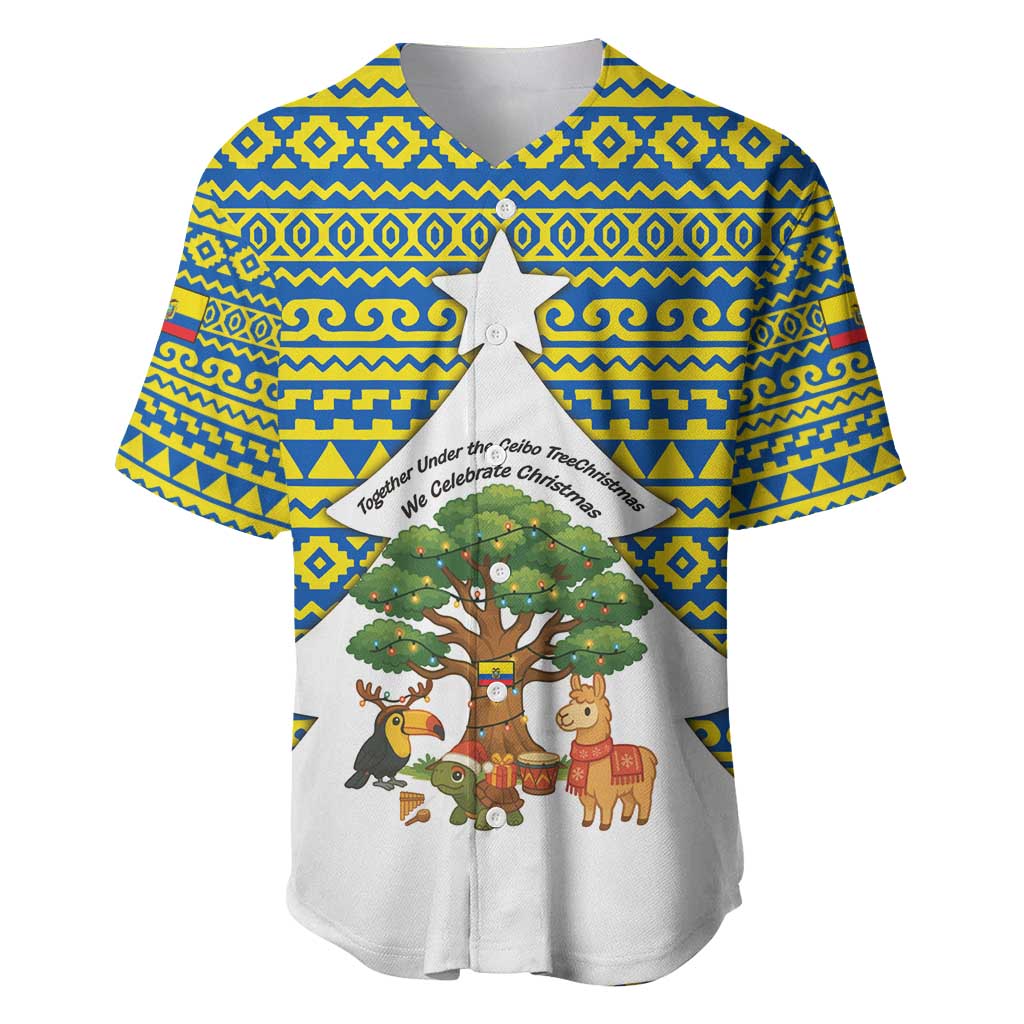 Ecuador Christmas Baseball Jersey with Ceibo Tree Llama Toucan and Traditional Yellow Blue Pattern Design - Wonder Print Shop