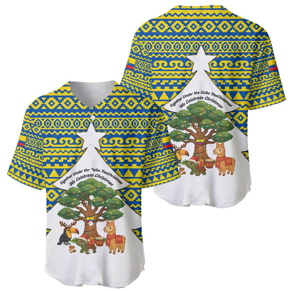 Ecuador Christmas Baseball Jersey with Ceibo Tree Llama Toucan and Traditional Yellow Blue Pattern Design - Wonder Print Shop