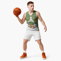 Ecuador Christmas Basketball Jersey with Ceibo Tree Llama Toucan and Traditional Yellow Blue Pattern Design - Wonder Print Shop