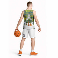 Ecuador Christmas Basketball Jersey with Ceibo Tree Llama Toucan and Traditional Yellow Blue Pattern Design - Wonder Print Shop
