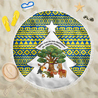 Ecuador Christmas Beach Blanket with Ceibo Tree Llama Toucan and Traditional Yellow Blue Pattern Design - Wonder Print Shop
