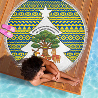 Ecuador Christmas Beach Blanket with Ceibo Tree Llama Toucan and Traditional Yellow Blue Pattern Design - Wonder Print Shop
