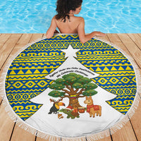Ecuador Christmas Beach Blanket with Ceibo Tree Llama Toucan and Traditional Yellow Blue Pattern Design - Wonder Print Shop