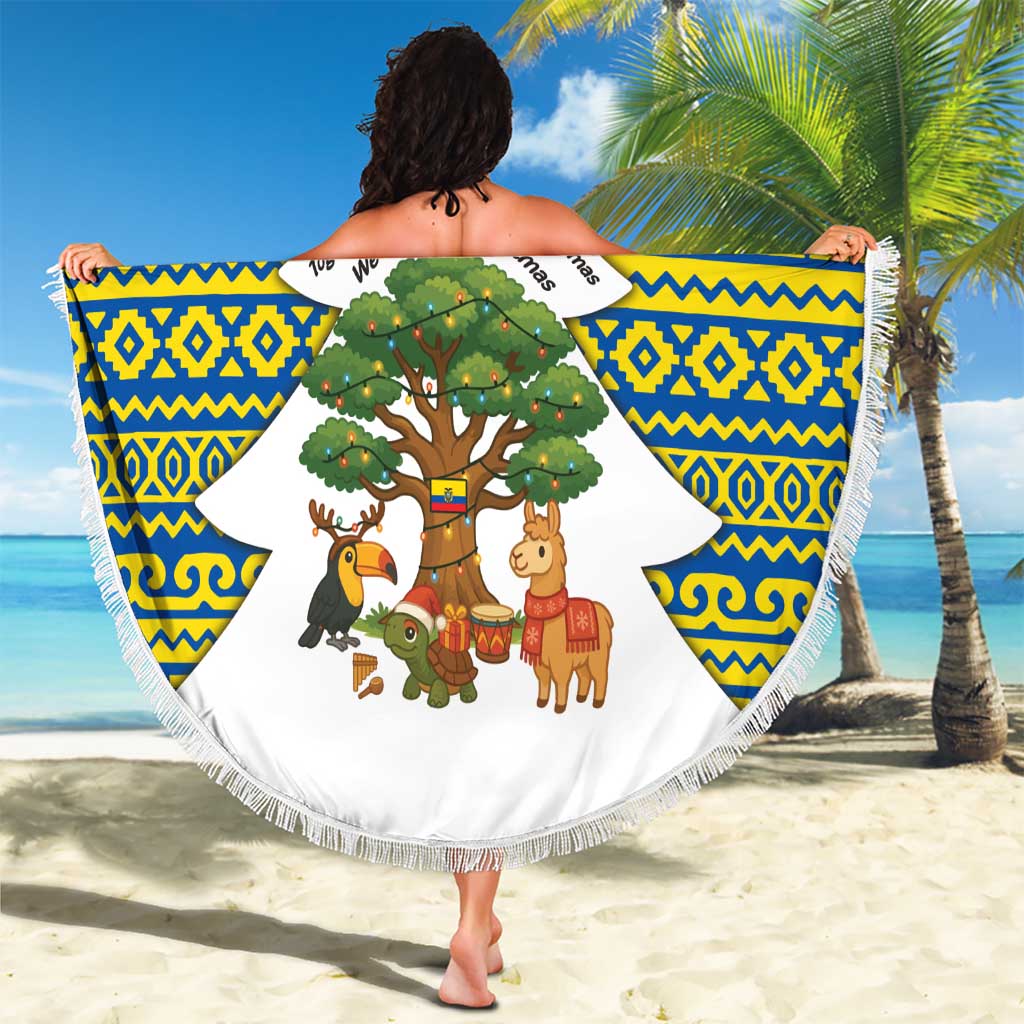 Ecuador Christmas Beach Blanket with Ceibo Tree Llama Toucan and Traditional Yellow Blue Pattern Design - Wonder Print Shop