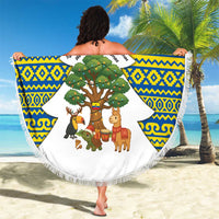 Ecuador Christmas Beach Blanket with Ceibo Tree Llama Toucan and Traditional Yellow Blue Pattern Design - Wonder Print Shop