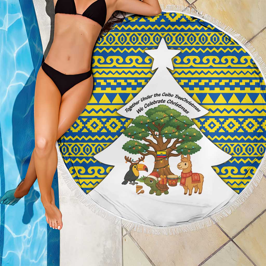 Ecuador Christmas Beach Blanket with Ceibo Tree Llama Toucan and Traditional Yellow Blue Pattern Design - Wonder Print Shop