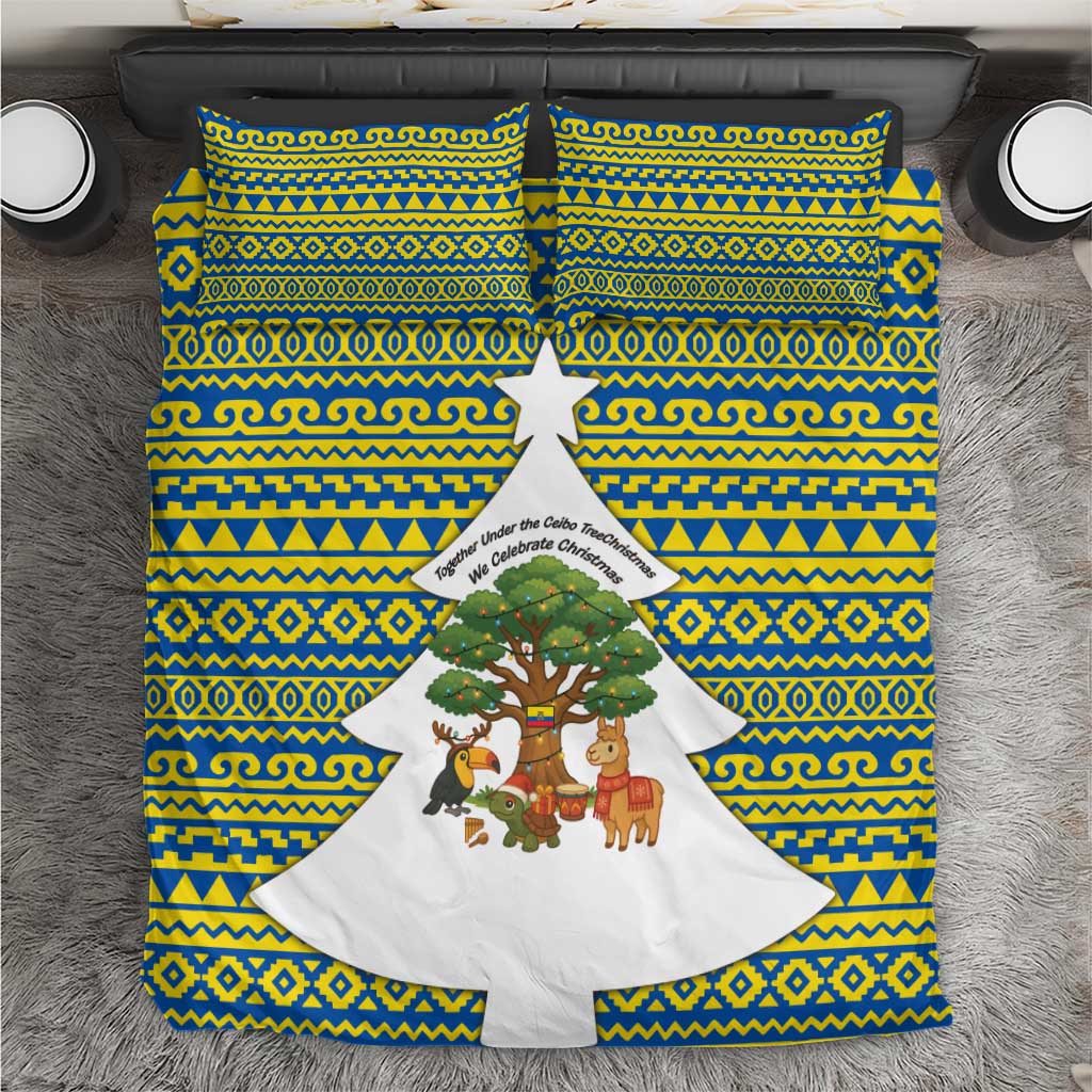 Ecuador Christmas Bedding Set with Ceibo Tree Llama Toucan and Traditional Yellow Blue Pattern Design - Wonder Print Shop