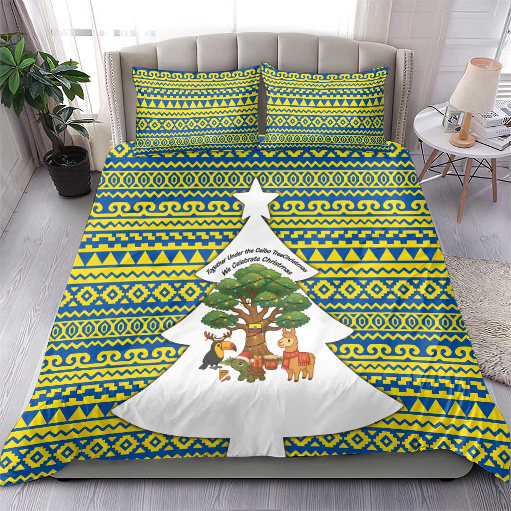 Ecuador Christmas Bedding Set with Ceibo Tree Llama Toucan and Traditional Yellow Blue Pattern Design - Wonder Print Shop
