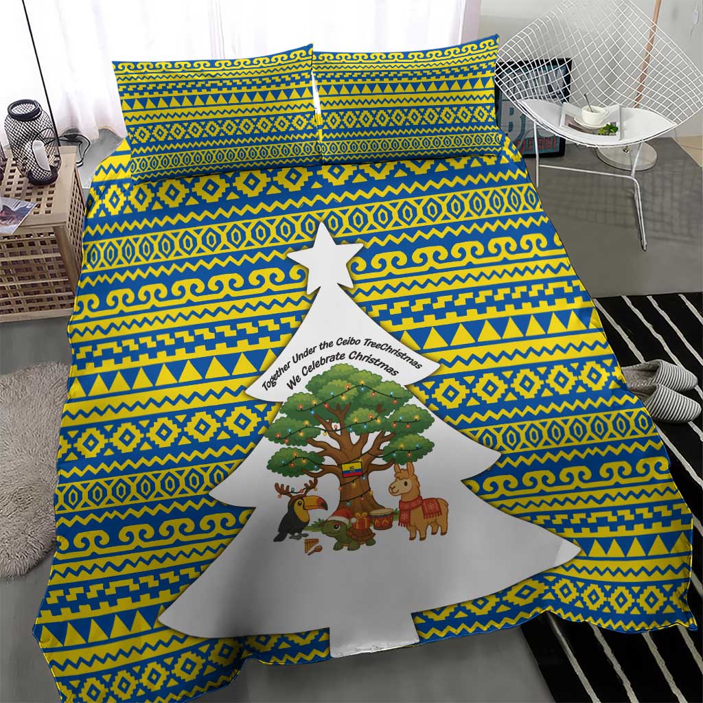 Ecuador Christmas Bedding Set with Ceibo Tree Llama Toucan and Traditional Yellow Blue Pattern Design - Wonder Print Shop