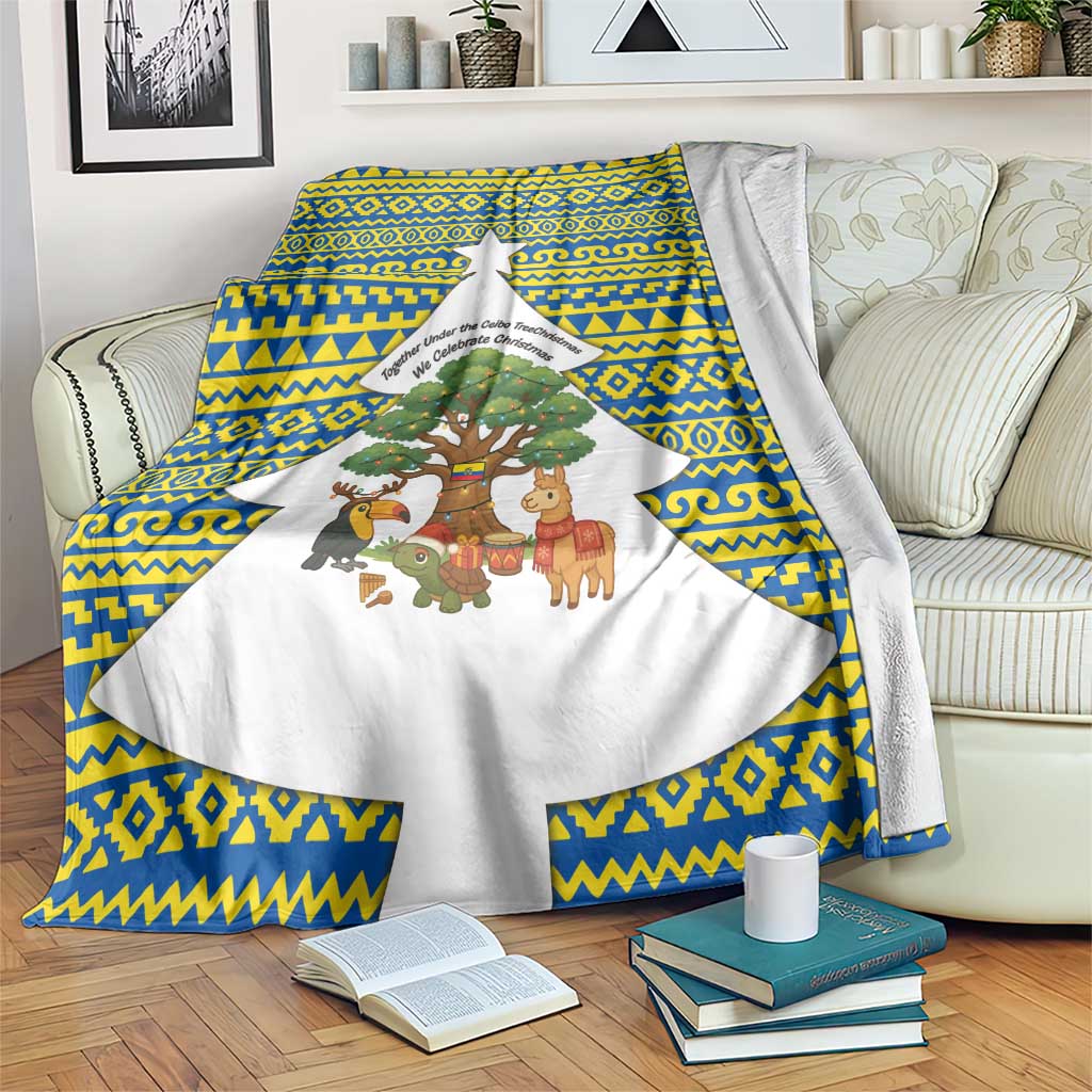 Ecuador Christmas Blanket with Ceibo Tree Llama Toucan and Traditional Yellow Blue Pattern Design - Wonder Print Shop