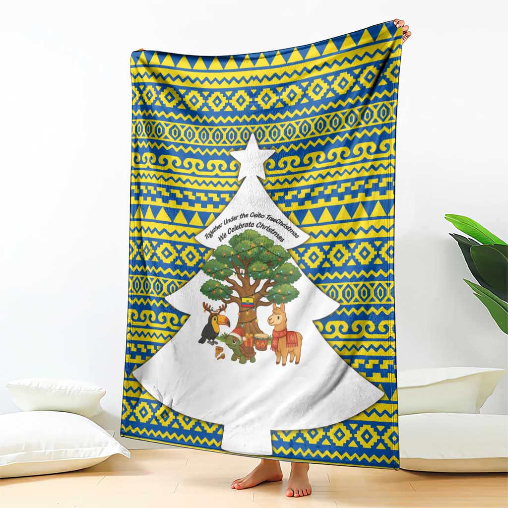 Ecuador Christmas Blanket with Ceibo Tree Llama Toucan and Traditional Yellow Blue Pattern Design - Wonder Print Shop