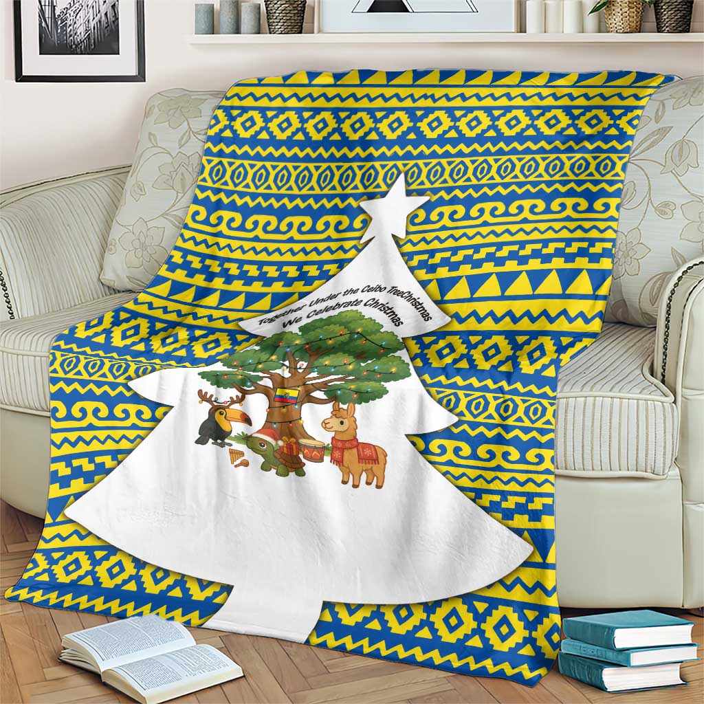 Ecuador Christmas Blanket with Ceibo Tree Llama Toucan and Traditional Yellow Blue Pattern Design - Wonder Print Shop