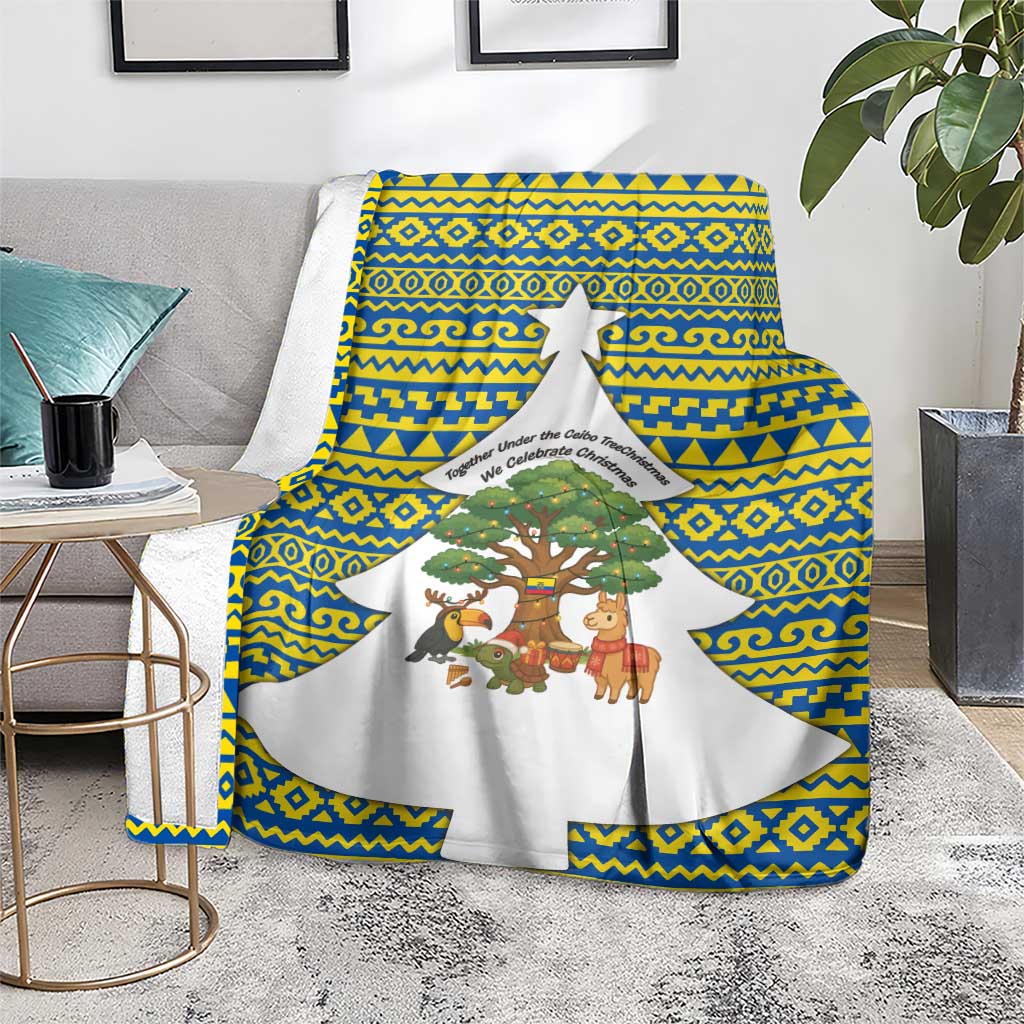 Ecuador Christmas Blanket with Ceibo Tree Llama Toucan and Traditional Yellow Blue Pattern Design - Wonder Print Shop