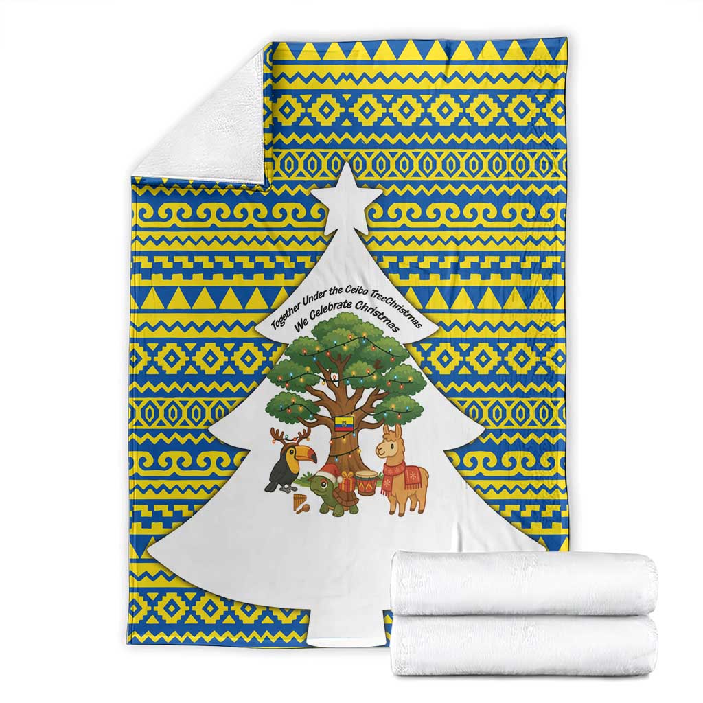 Ecuador Christmas Blanket with Ceibo Tree Llama Toucan and Traditional Yellow Blue Pattern Design - Wonder Print Shop