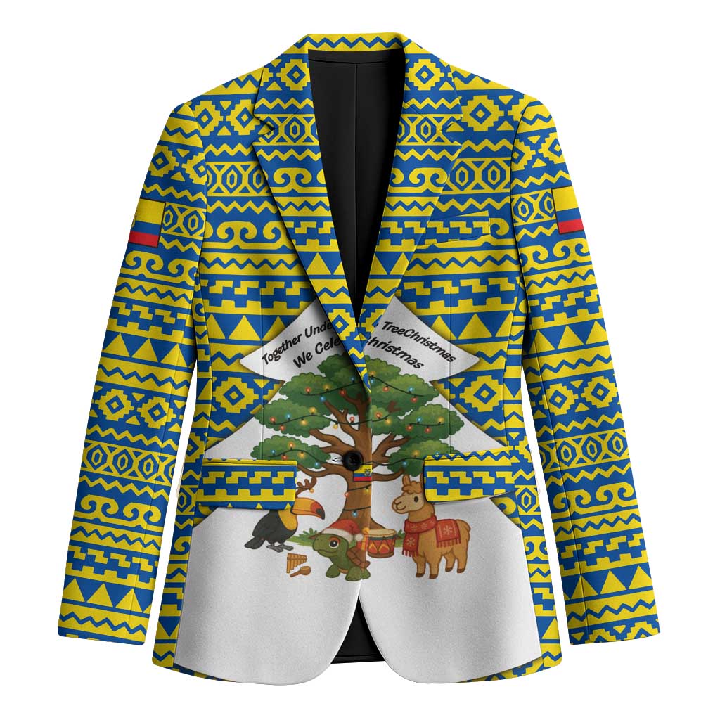 Ecuador Christmas Blazer with Ceibo Tree Llama Toucan and Traditional Yellow Blue Pattern Design - Wonder Print Shop