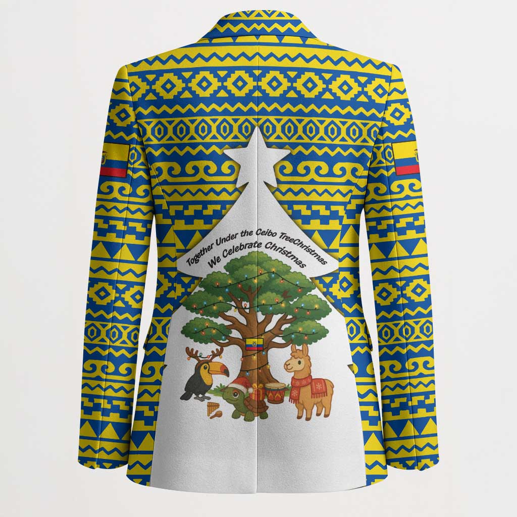 Ecuador Christmas Blazer with Ceibo Tree Llama Toucan and Traditional Yellow Blue Pattern Design - Wonder Print Shop