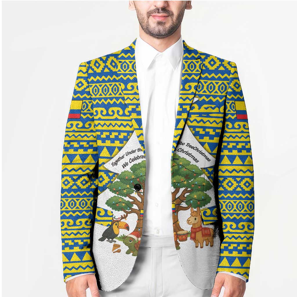 Ecuador Christmas Blazer with Ceibo Tree Llama Toucan and Traditional Yellow Blue Pattern Design - Wonder Print Shop