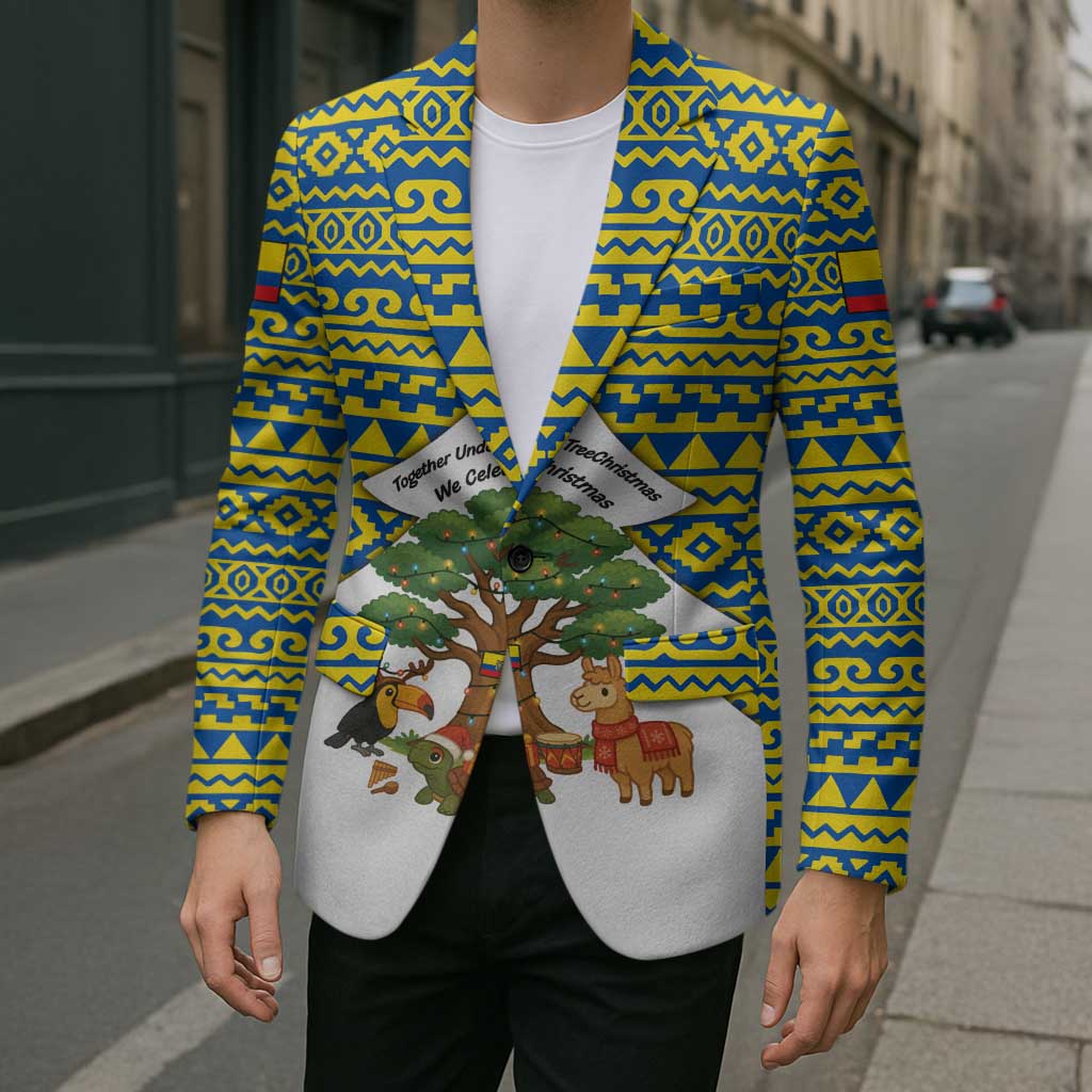 Ecuador Christmas Blazer with Ceibo Tree Llama Toucan and Traditional Yellow Blue Pattern Design - Wonder Print Shop