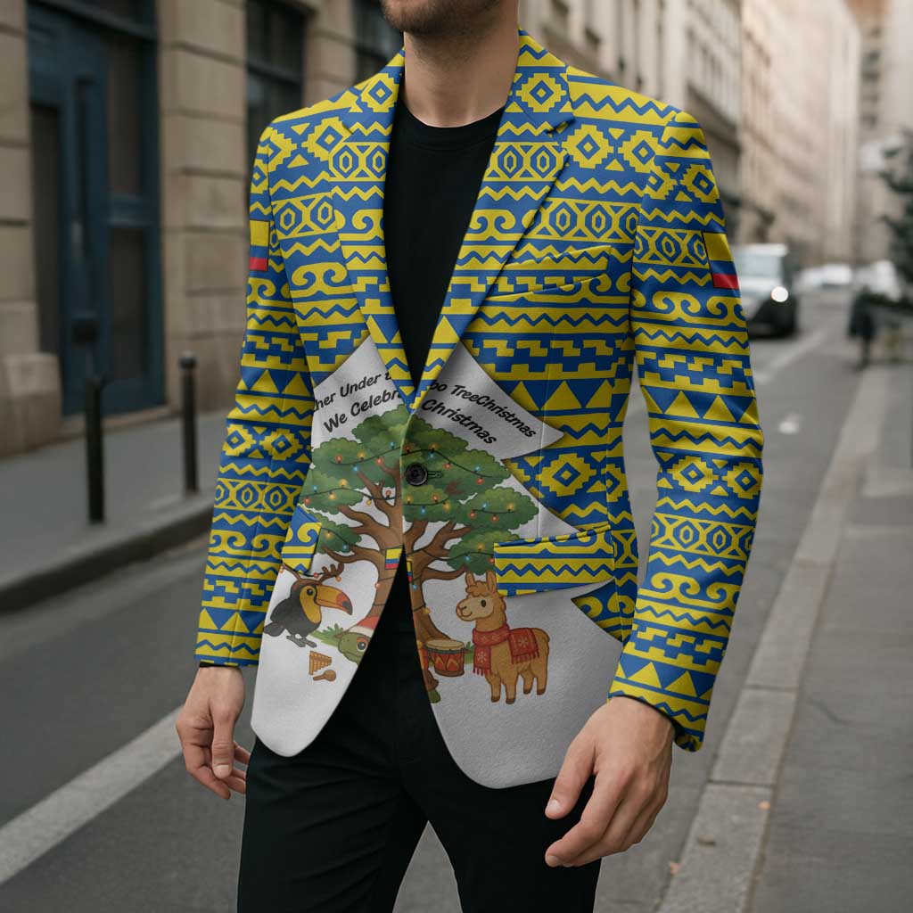 Ecuador Christmas Blazer with Ceibo Tree Llama Toucan and Traditional Yellow Blue Pattern Design - Wonder Print Shop