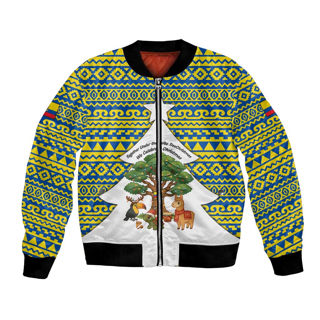 Ecuador Christmas Bomber Jacket with Ceibo Tree Llama Toucan and Traditional Yellow Blue Pattern Design - Wonder Print Shop