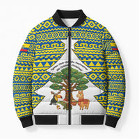 Ecuador Christmas Bomber Puffer Jacket with Ceibo Tree Llama Toucan and Traditional Yellow Blue Pattern Design - Wonder Print Shop