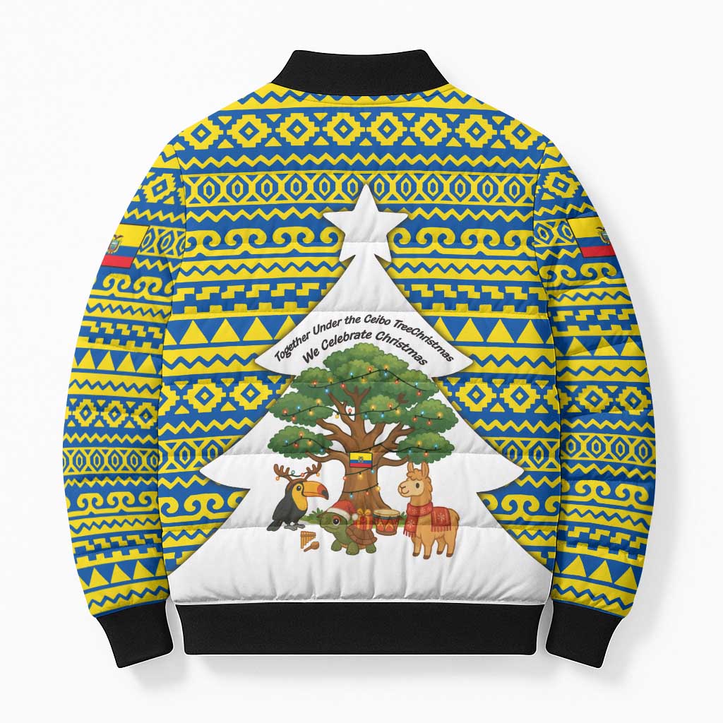 Ecuador Christmas Bomber Puffer Jacket with Ceibo Tree Llama Toucan and Traditional Yellow Blue Pattern Design - Wonder Print Shop