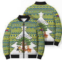 Ecuador Christmas Bomber Puffer Jacket with Ceibo Tree Llama Toucan and Traditional Yellow Blue Pattern Design - Wonder Print Shop